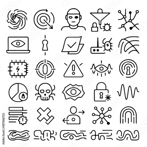 A collection of various technology-related icons, including security and network-based symbols. These icons are in a simplistic, yet effective style that's useful in a variety of contexts