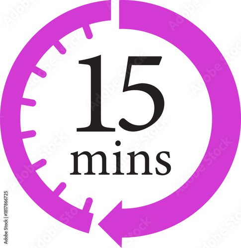 Minute Timer Icon.Minute interval circular arrow vector. Countdown timer symbol.Alarm clock symbol. Watch countdown and Stopwatch sign. Simple express pictogram collection. Label cooking time.