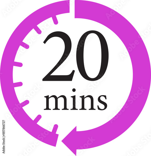 Minute Timer Icon.Minute interval circular arrow vector. Countdown timer symbol.Alarm clock symbol. Watch countdown and Stopwatch sign. Simple express pictogram collection. Label cooking time.