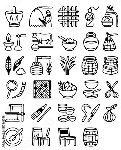 Collection of simple and historical illustrations of different tools and objects. Suitable for various design projects and historical themed applications
