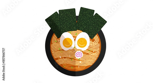 High-quality flat-vector bowl of ramen with noodles, egg, seaweed, and broth, stylized minimal shading, isolated on a white background