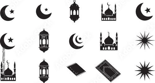 Islamic symbols and elements set, including crescent moons, stars, mosques, lanterns, and prayer mats, in black silhouette style.