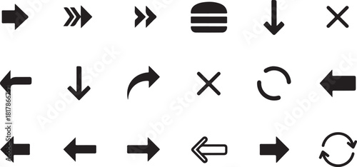 Set of various black arrow and symbol icons on a white background.