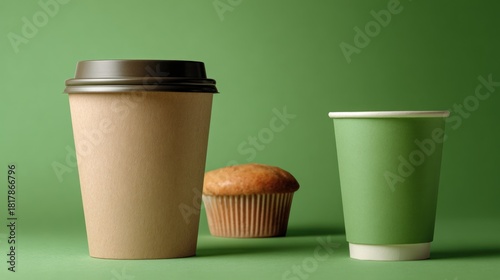 Wallpaper Mural A coffee cup, a small green cup, and a muffin are displayed against a solid green background, highlighting a cozy snack time atmosphere. Torontodigital.ca