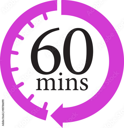 Minute Timer Icon.Minute interval circular arrow vector. Countdown timer symbol.Alarm clock symbol. Watch countdown and Stopwatch sign. Simple express pictogram collection. Label cooking time.