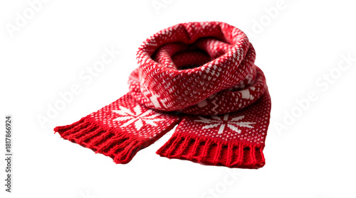 A cozy knitted red scarf with white snowflake patterns, neatly folded. Isolated on a transparent background.