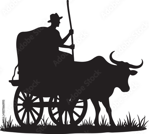 Black silhouette of a man driving a bullock cart through grass