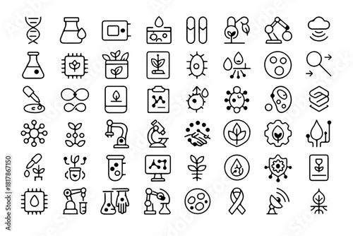 A collection of line art icons related to scientific and technological fields