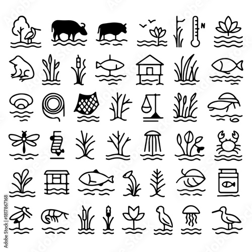 Black and white icon set with various aquatic elements, presenting a diverse collection of symbols related to water and marine life. 