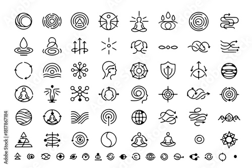 A collection of various line art icons representing abstract concepts and symbols