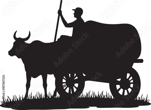 Black silhouette of a man driving a bullock cart with a large barrel