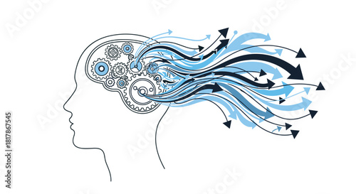 Stylized illustration of a human head with internal gears representing thought processes and the dynamic outward flow of creative ideas and innovation.