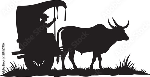 Black silhouette of bullock cart with driver and bull
