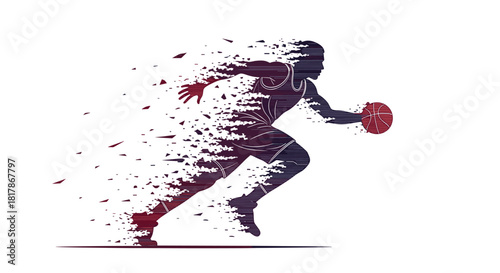 A dynamic silhouette of a basketball player dribbling, depicted with a vibrant gradient and a powerful disintegrating motion effect, symbolizing speed and agility.