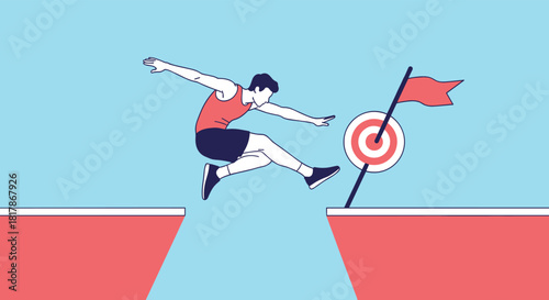A determined person leaps over a wide chasm towards a distant target and flag, symbolizing ambition, challenge, and the pursuit of goals.
