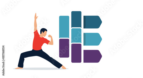A stylized person in an athletic stance flexes a bicep next to progress bars and data arrows, symbolizing strength, achievement, and measurable growth.