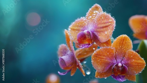 Closeup of colorful orchid flower covered in water droplets, against blurred bluegreen background with dreamy bokeh lights.
