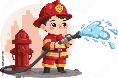 Cartoon child firefighter illustration with hose spraying water, heroic kid in uniform, fire safety vector art for educational and community awareness