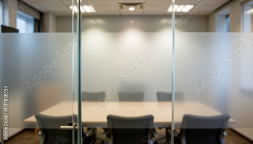 Modern conference room with frosted glass partitions and a large table.