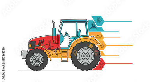 Vector illustration of a modern agricultural tractor with integrated infographic elements representing technology, development, and farming concepts.