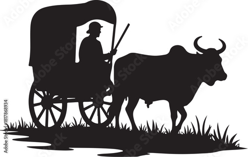 Black silhouette of ox cart with driver in grass bullock cart