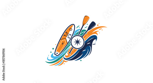Colorful illustration of a stand-up paddleboard and paddles on ocean waves, featuring a nautical compass rose for guidance and exploration.