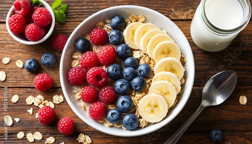 Healthy breakfast bowl featuring overnight oats, fresh raspberries, blueberries, banana slices, and a glass of milk on a wooden table