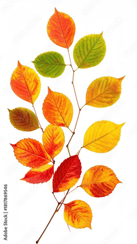 Fototapeta premium Colorful autumn leaves on a branch against white backdrop