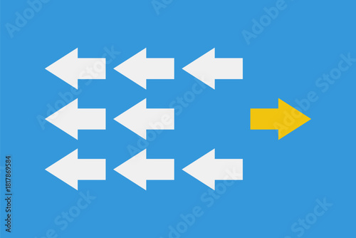white arrows group moving back and yellow forward, leadership or new way concept, past progress or regress choice