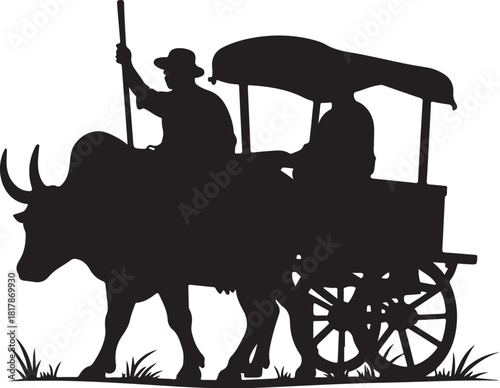 Black silhouette of ox cart with two people and grass