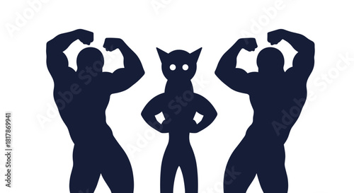 A unique trio of dark silhouettes features two powerful bodybuilders flexing their muscles alongside a confident, cat-eared figure with glowing eyes.