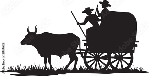 Black silhouette of ox cart with two people and grass