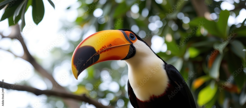 Fototapeta premium Colorful toucan perched among green leaves in a vibrant forest setting.