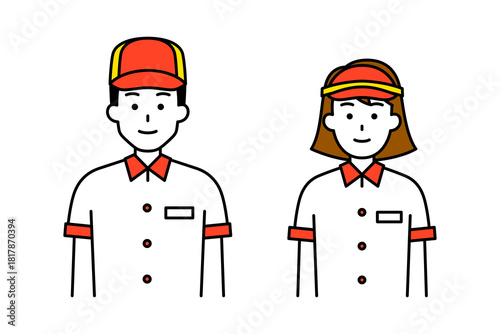 正面向きのファストフード店の男女の店員　セット