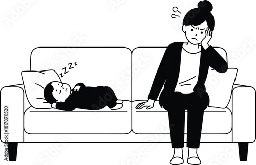 Mother feeling tired, child sleeping on sofa, parenting exhaustion illustration, stressed mom cartoon, family life scene, caregiver fatigue concept art