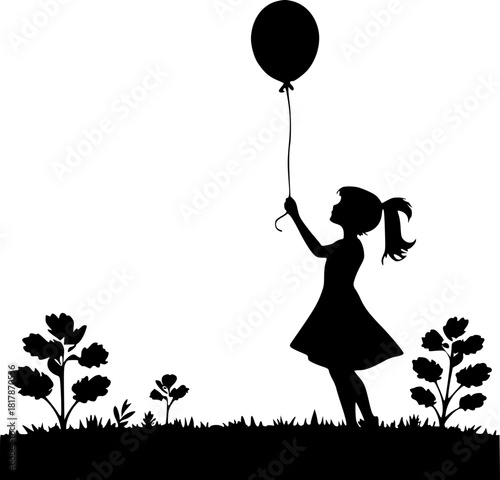 Silhouette of girl holding balloon for playful, nostalgic, and dreamy illustration