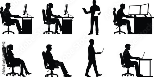 Office worker silhouettes using computers, laptops, monitors, reading documents, sitting and walking, professional workplace people illustration for business design