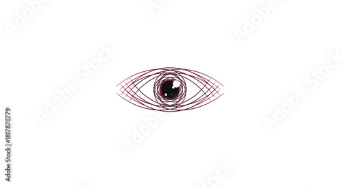 Stylized geometric eye symbol with intricate abstract lines, featuring a prominent black pupil and maroon iris, representing vision and insight.