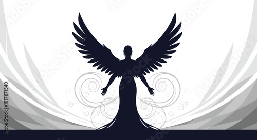 An elegant monochromatic silhouette of a winged angel figure with open arms stands against a background of grey swirls and abstract shapes.