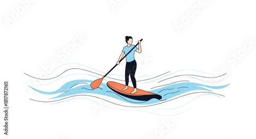 A woman enjoys the outdoors while stand-up paddleboarding on calm water, engaging in a healthy and active lifestyle.