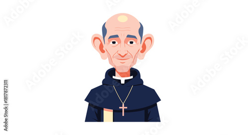 A minimalist cartoon illustration of an aged clergyman or monk with a bald head, prominent ears, wearing a dark hooded robe and a cross necklace.
