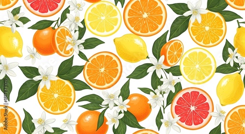 Seamless citrus pattern background with lemon orange grapefruit and flowers summer fresh design