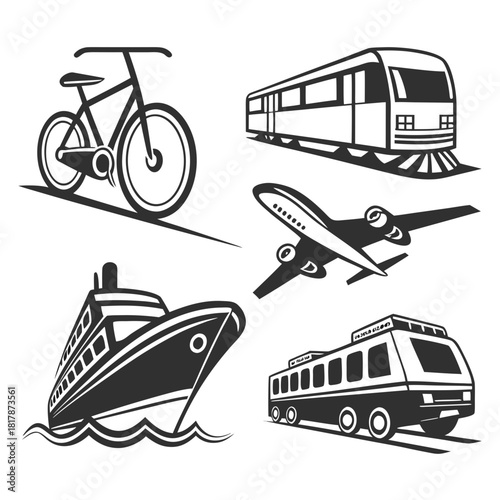 Various means of transport in black and white isolated on