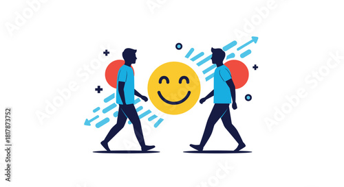 Two figures walking towards a shared happy face, surrounded by dynamic elements, indicating a positive social encounter or mental well-being.