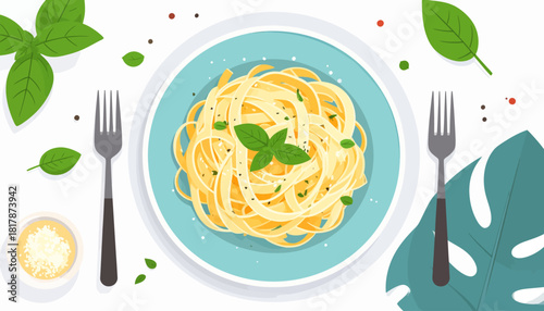 Overhead view of pasta dish with basil leaves on a blue plate.