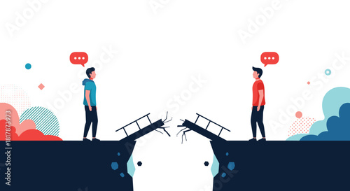 Two people stand on opposite sides of a broken bridge with thought bubbles, symbolizing a breakdown in communication and connection.