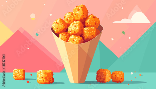 Cone filled with golden fried food cubes, with a colorful background.