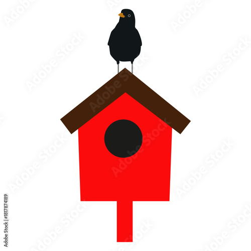 Wooden colorful birdhouse with small bird. House for feathered animals. Spring time for nesting