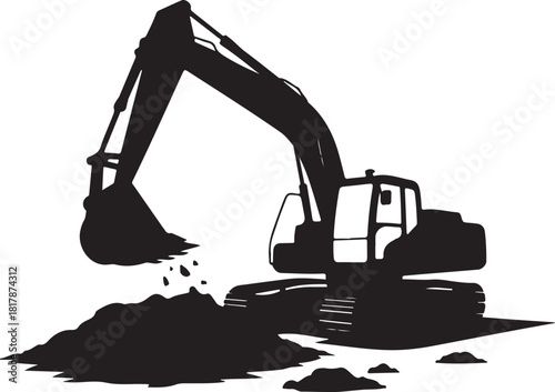 Silhouette of an excavator digging and moving dirt on a white background