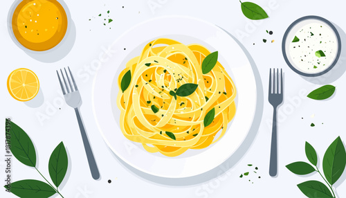 Overhead shot of pasta dish with lemon and sauce on a white background.